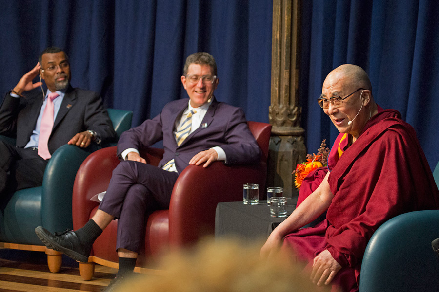 His Holiness the Dalai Lama speaking to students at Princeton University's Chancellor Green Library in Princeton, New Jersey on October 28, 2014. Photo/Denise Applewhite