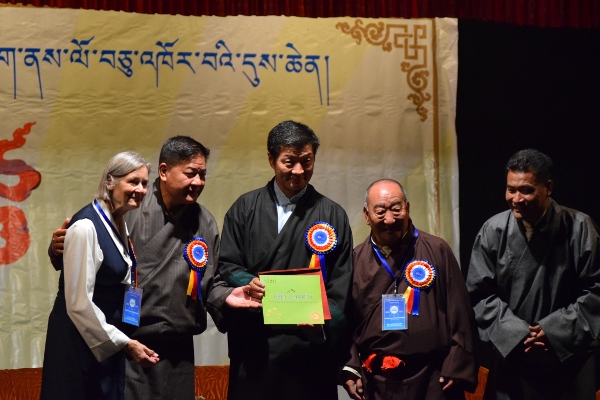 From Left: Mrs. Gunver Juul, Executive board member of Tibet Charity, Speaker Penpa Tsering of Tibetan Parliament, Sikyong Dr. Lobsang Sangay, Lakha Rinpoche, Founder of Tibet Charity and Mr. Tsering Dhondup, Director of Tibet Charity, India at the 10th anniversary of Tibet Charity.