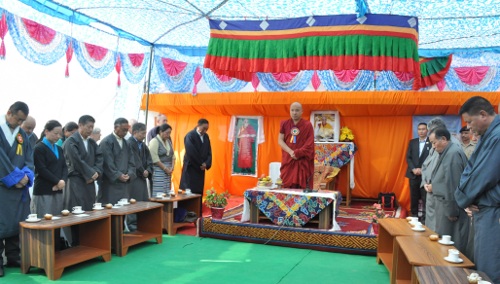 His Eminence the Karmapa Rinpoche and the dignitaries, obersving a minute's silence in memory of Tibetan self-immolators, at the founding anniversary of Tibetan Delek Hospital