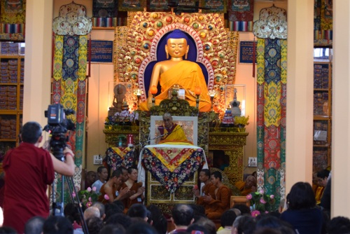 His Holiness the Dalai Lama on the first day of teachings for Taiwanese devotees at the Thekchen Choeling Tsuglakhang in Mcleod Ganj, 6 October 2014.