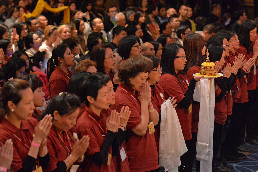 Members of the making a traditional mandala offering at the end of His Holiness the Dalai Lama's teachings at the Manhattan Center in New York City on November 2, 2014. Photo/Sonam Zoksang