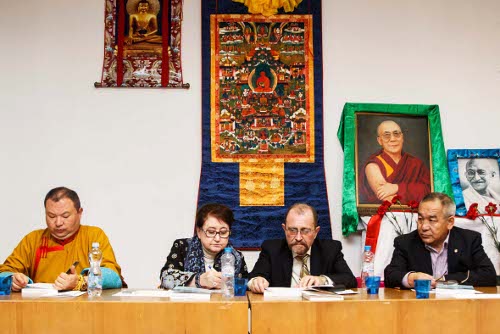 Telo Tulku Rinpoche, Head of Kalmyk Buddhists, Dr. Tataiana, Dr. Sergei Kuzmin and Dr. Nawang Rabgyal, Representative of His Holiness the Dalai Lama in Russia.