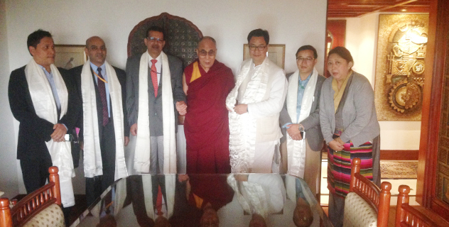 His Holiness the Dalai Lama during an audience with Indian home ministry's union minister of state Mr Kiren Rijijuji (3rd R) and joint secretary K K Pathak (3rd L) with Home Kalon Dolma Gyari (1st R) in New Delhi on 24 Nov. 2014
