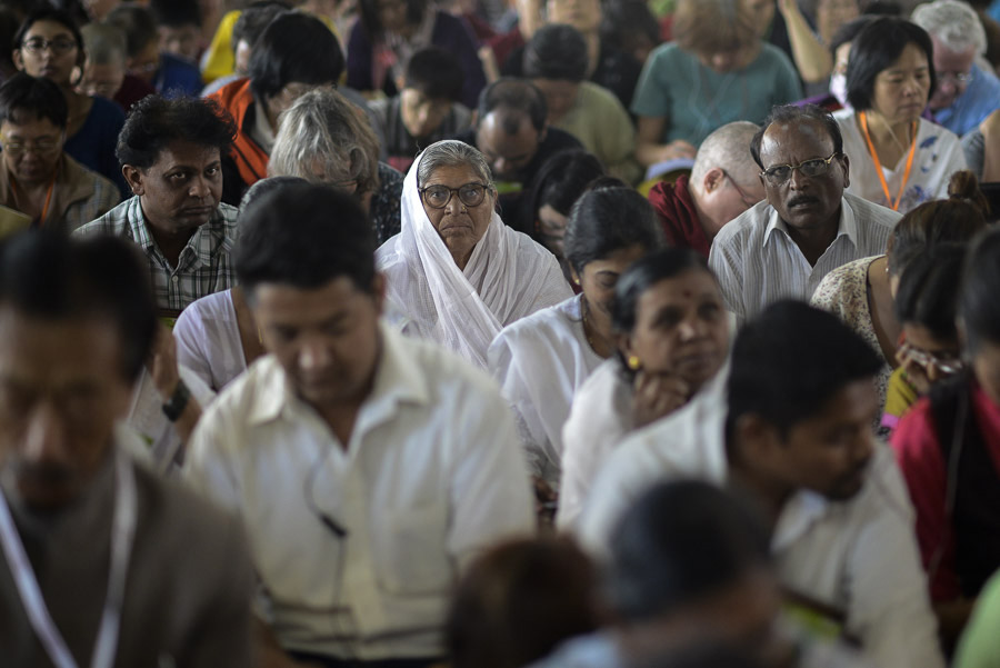 Indian Buddhists listening to His Holiness the Dalai Lama during the second day of his teachings at Ganden Jangtse Monastery in Mundgod, India on December 24, 2014. Photo/Tenzin Choejor/OHHDL