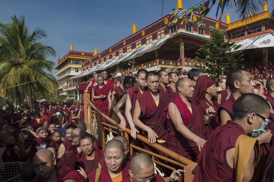 Some of the over 25,000 people waiting to see His Holiness the Dalai Lama as he departs Ganden Jangtse Monastery at the end of the third day of his teachings in Mundgod, Karnataka, India on December 25, 2014. Photo/Tenzin Choejor/OHHDL