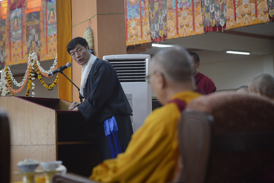 Elected leader of the Tibetan people Sikyong Dr Lobsang Sangay speaking at the ceremony commemorating his first teaching in exile at Tawang 55 years ago at Ganden Jangtse Monastery in Mundgod, Karnataka, India on December 26, 2014. Photo/Tenzin Choejor/OHHDL
