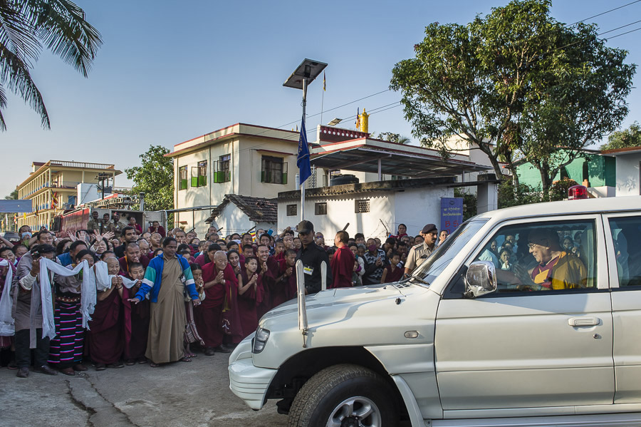 His Holiness the Dalai Lama arriving on the morning of the fifth day of his teachings at Ganden Jangtse Monastery in Mundgod, Karnataka, India on December 27, 2014. Photo/Tenzin Choejor/OHHDL