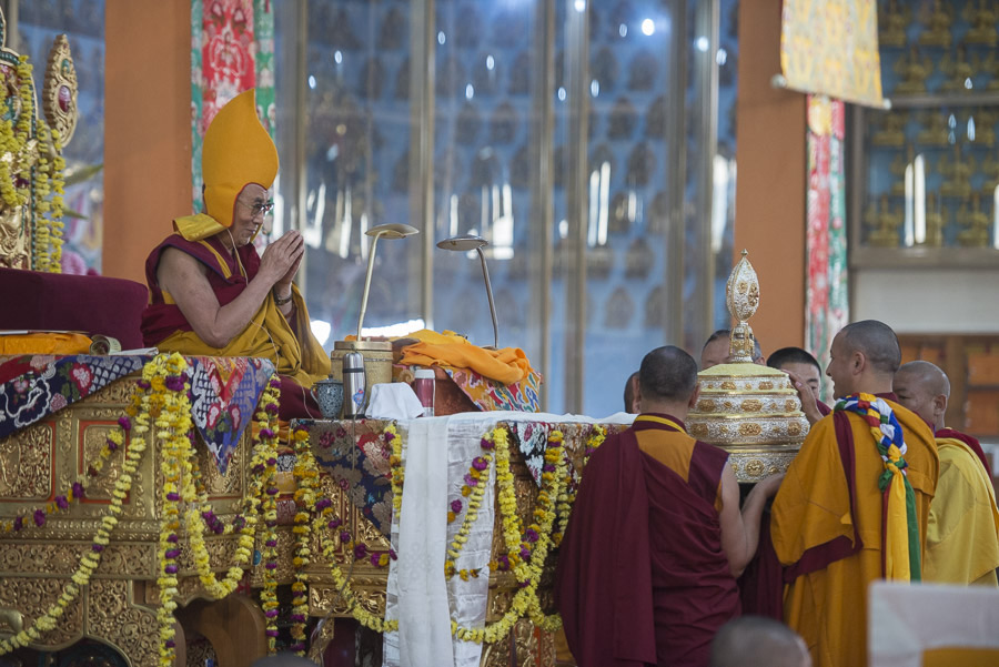 A special offering during the Long Life Offering ceremony for His Holiness the Dalai Lama at Ganden Jangtse Monastery in Mundgod, Karnataka, India on December 28, 2014. Photo/Tenzin Choejor/OHHDL