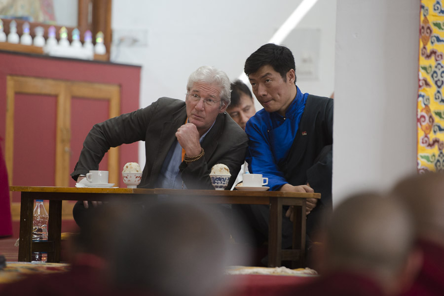 Actor Richard Gere and the elected Tibetan leader Sikyong Dr Lobsang Sangay listening to His Holiness the Dalai Lama speaking at Rato Monastery in Mundgod, Karnataka, India on December 29, 2014. Photo/Tenzin Choejor/OHHDL