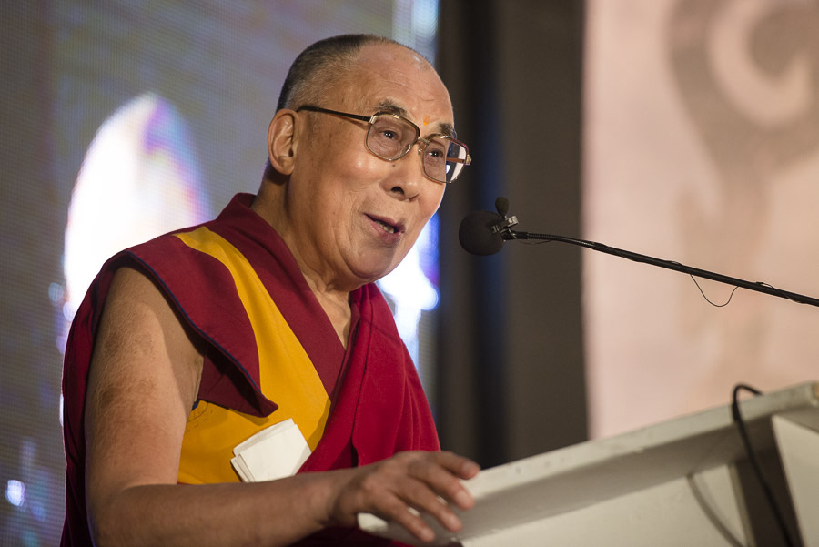 His Holiness the Dalai Lama speaking to members of the staff during his visit to the offices of Shree Ramkrishna Exports in Surat, Gujarat, India on January 1, 2015. Photo/Tenzin Choejor/OHHDL