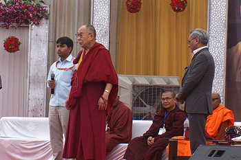 His Holiness the Dalai Lama speaking during his talk on "Secular Ethics" in Nashik, Maharashtra, India on January 3, 2015. Photo/Jeremy Russell/OHHDL