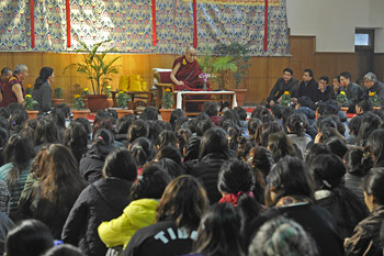 His Holiness the Dalai Lama speaking to students and staff living at the Tibetan Youth Hostel in New Delhi, India on January 25, 2015. Photo/Tenzin Jamphel/OHHDL