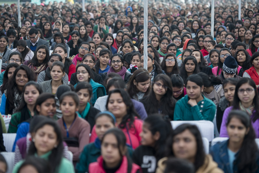 Members of the audience listening to His Holiness the Dalai Lama speaking at Kalindi College for Women in New Delhi, India on January 28, 2015. Photo/Tenzin Choejor/OHHDL