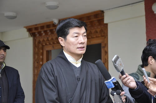 Sikyong Dr. Lobsang Sangay speaking to media persons at the Kashag Secretariat.