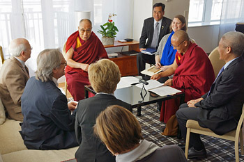 His Holiness the Dalai Lama meeting with a group from the Mind & Life Institute in Washington DC on February 4, 2015. Photo/Jeremy Russell/OHHDL
