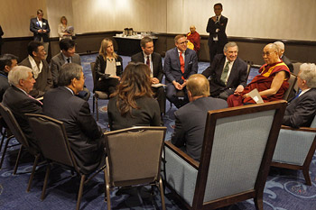 His Holiness the Dalai Lama meeting with sitting Congressmen and other supporters of the Tsering Dhonden Tibetan Refugee Settlement during his visit to Washington, DC on February 4, 2015. Photo/Jeremy Russell/OHHDL
