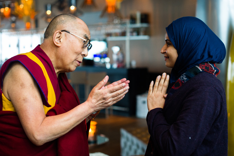 His Holiness the Dalai Lama meeting with Aayat Algormozi from Bahrain, the winner of the 2014 International Student Festival in Trondheim (ISFiT) Student's Peace Prize, at the Clarion Conference Centre in Trondheim, Norway on February 9, 2015. Photo/foto.samfundet.no