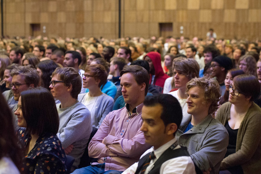 Students attending the International Student Festival in Trondheim (ISFiT) listening to His Holiness the Dalai Lama speaking at the Clarion Conference Centre in Trondheim, Norway on February 9, 2015. Photo/foto.samfundet.no