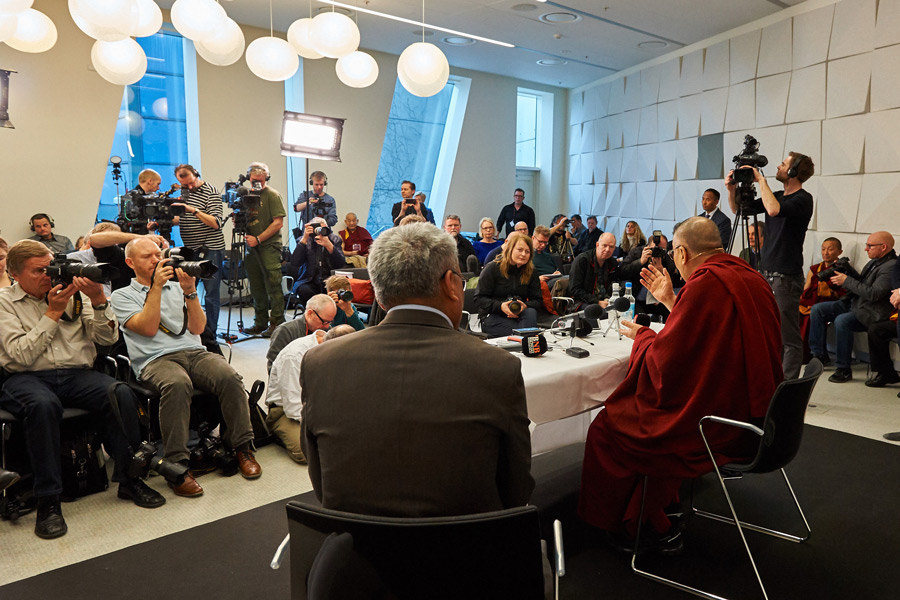His Holiness the Dalai Lama meeting with members of the media in Copenhagen, Denmark on February 11, 2015. Photo/Olivier Adam