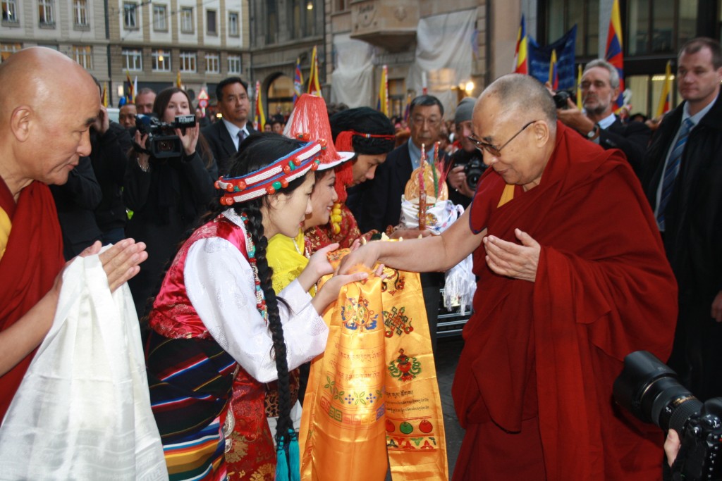 His Holiness the Dalai Lama being greeted by Tibetans on his arrival at Basel, Switzerland, 6 February 2015.