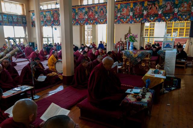 Tibetan monks participating in a prayer service to express solidarity with Tibetans who died in the 1989 peaceful demonstrations.