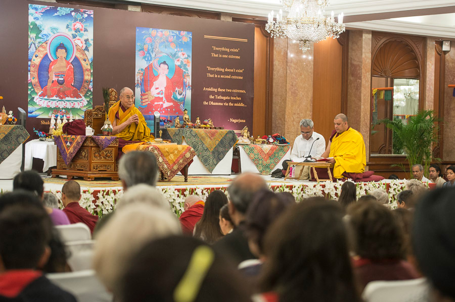 An Indian Monk reciting the Heart Sutra in Sanskrit at the start of the third day of His Holiness the Dalai Lama's teaching organized by the Foundation for Universal Responsibilityin New Delhi, India on March 21, 2015. Photo/Tenzin Choejor/OHHDL