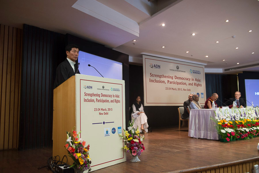 Sikyong Lobsang Sangay speaking at the National Endowment for Democracy's conference on 'Strengthening Democracy in Asia' at the India International Centre in New Delhi, India on March 23, 2015. Photo/Tenzin Choejor/OHHDL
