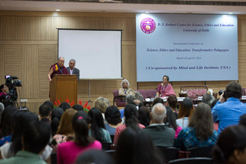 His Holiness the Dalai Lama delivering the inaugural address at the international conference on Science, Ethics and Education at the University of Delhi in Delhi, India on March 24, 2015. Photo/Tenzin Choejor/OHHDL