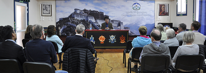 DIIR Secretary speaking to members of Swedish Tibet Support Group at DIIR auditorium, 20 March 2015.