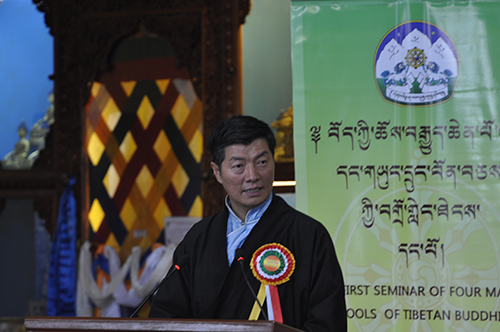 Sikyong Dr. Lobsang Sangay addressing the first seminar of four schools of Tibetan Buddhism and Bon Tradition at Gyuto monastery near Dharamshala, 1 March 2015.