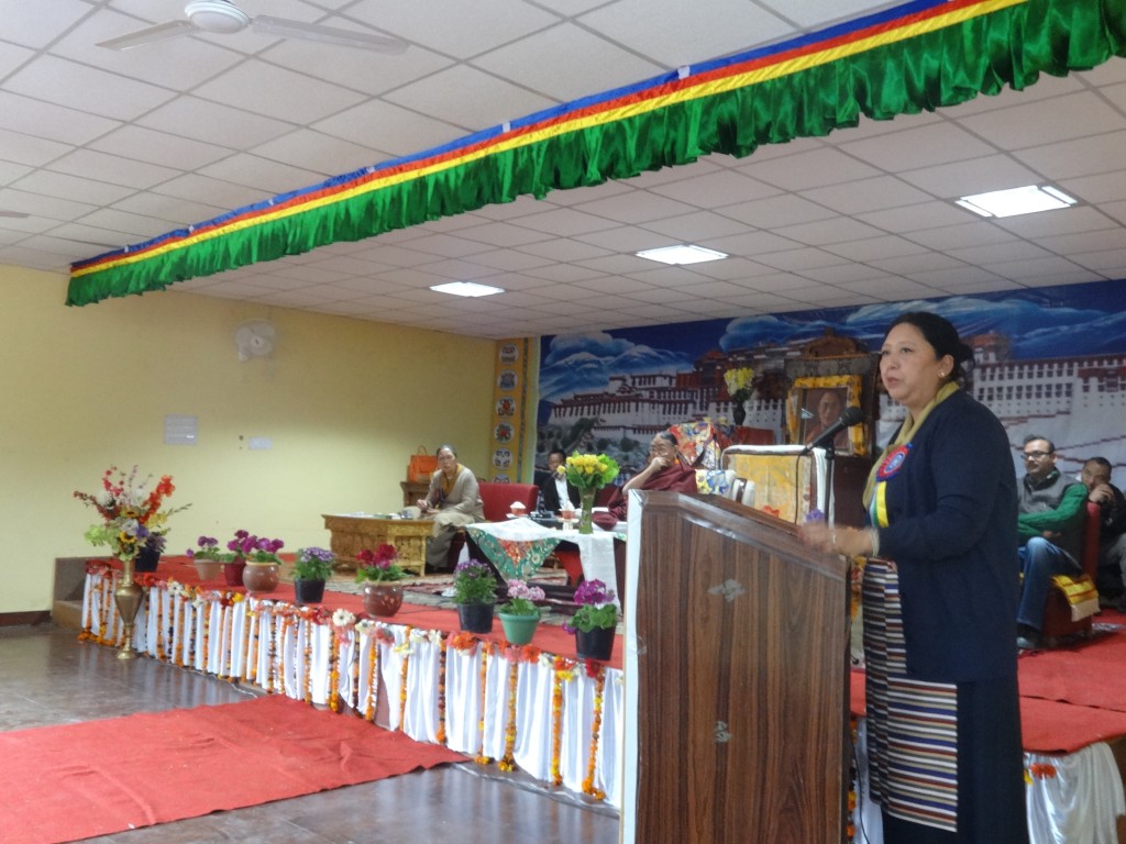 Kalon Dolma Gyari speaking at the golden jubilee celebration of Tibetan women's handicraft centre in Rajpur, Uttarakhand.