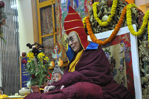 His Holiness the Dalai Lama during the long life prayer ceremony organised by five Tibetan organisations at Tsuglagkhang, the main temple, in Dharamsala on 4 March 2015