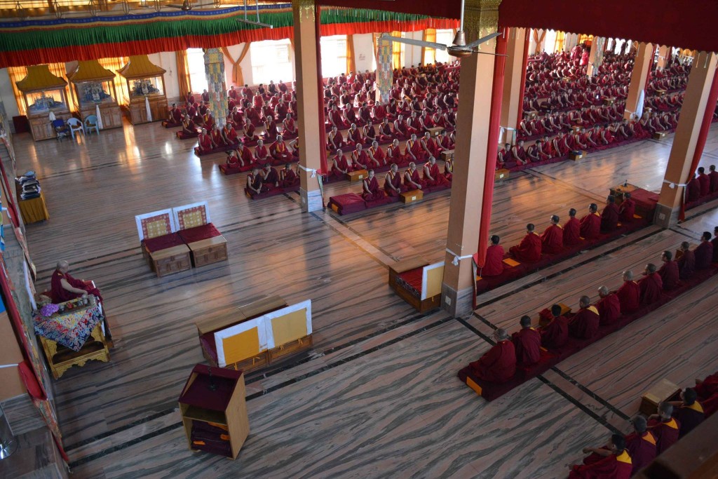 Monks of Gaden Jangtse Monastery, in Mundgod, led by the abbot, praying for the victims of the Nepal earthquake.