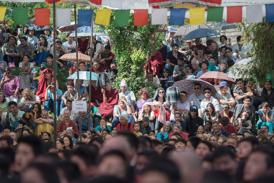 A view of the gathered crowd listening to His Holiness the Dalai Lama and Desmond Tutu speaking at Tibetan Children's Village School (TCV) in Upper Dharamsala, HP, India on April 23, 2015. Photo/Tenzin Choejor/OHHDL