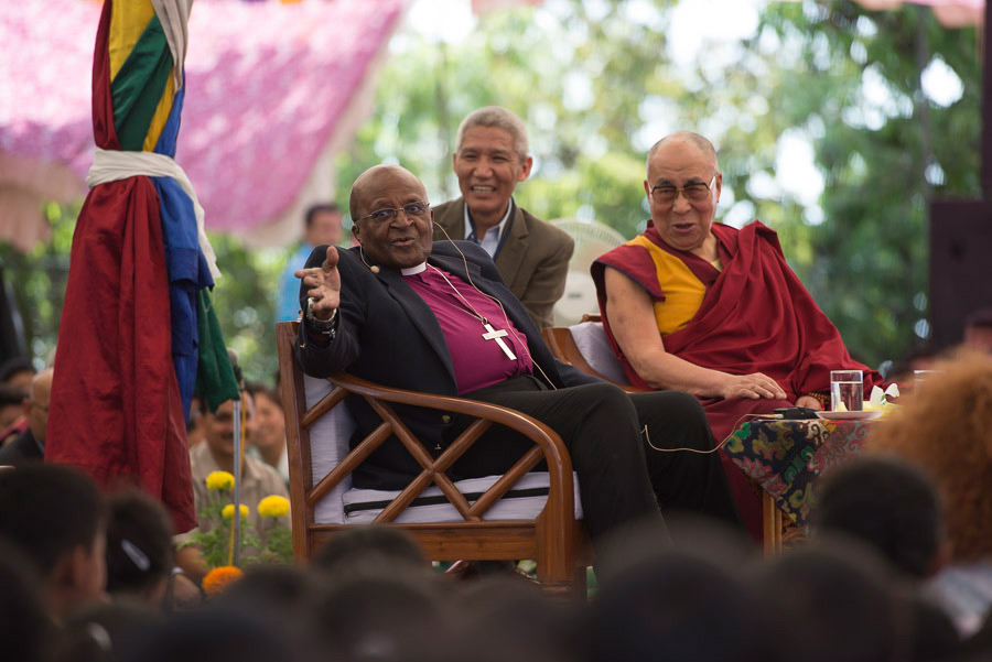 Archbishop Desmond Tutu speaking to the crowd during his visit with His Holiness the Dalai Lama to Tibetan Children's Village School (TCV) in Upper Dharamsala, HP, India on April 23, 2015. Photo/Tenzin Choejor/OHHDL