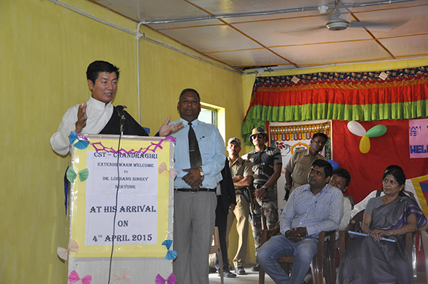 Sikyong Dr. Lobsang Sangay speaking to staff and students of CST Phuntsokling in Odisha, 3 April 2015.