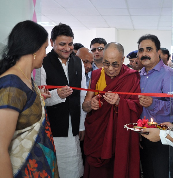 His Holiness the Dalai Lama inaugurating the new media house with Shri. Sudhir Sharma at Kangra, Himachal Pradesh.