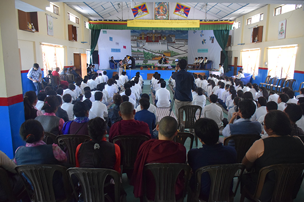 The students of Sherab Gastel Lobling listening intently to Sikyong's speech on 1 May 2015.