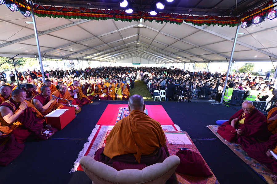 A view from the stage at the audience attending the Long-Life Offering for His Holiness the Dalai Lama in Katoomba, NSW, Australia on June 7, 2015. Photo/Rusty Stewart