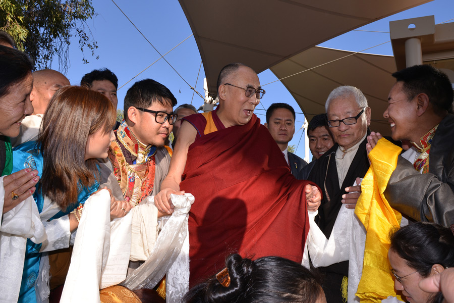 His Holiness the Dalai Lama with members of the Tibetan community who came to attend the programs in Uluru, Northern Territory, Australia on June 13, 2015. Photo/Rusty Stewart