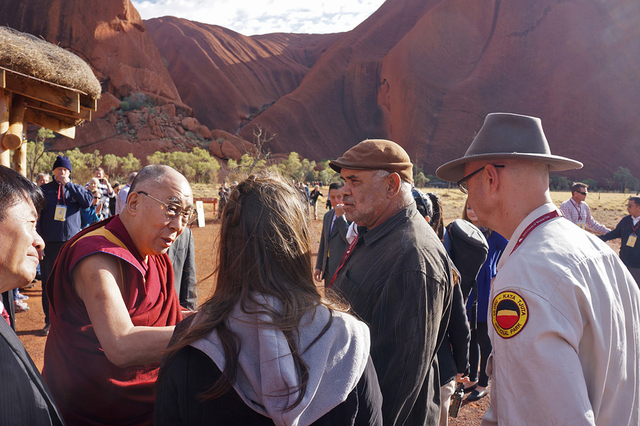 His Holiness the Dalai Lama is welcomed on his arrival at Uluru-Kata Tjuta National Park in Uluru, Northern Territory, Australia on June 13, 2015. Photo/Jeremy Russell/OHHDL