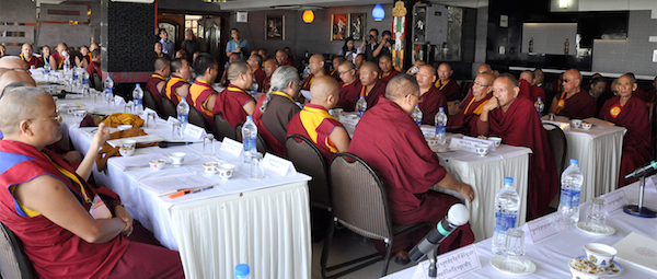 Representatives from the four major schools of Tibetan Buddhism and Bon tradition at the conference.