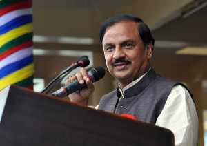 SHri. Mahesh Sharma greeting His holiness the Dalai Lama at the celebration to mark his 80th birthday.