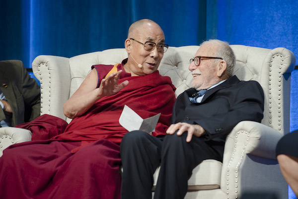 His Holiness the Dalai Lama, sitting next to oceanographer Walter Munk, speaking at the Global Compassion Summit at the the University of California Irvine in Irvine, California on July 6, 2015. Photo/Tenzin Choejor/OHHDL