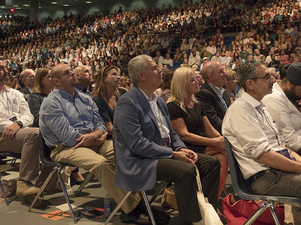 Members of the over 6000 strong audience attending the afternoon session of the Global Compassion Summit with His Holiness the Dalai Lama at the the University of California Irvine in Irvine, California on July 6, 2015. Photo/Tenzin Choejor/OHHDL