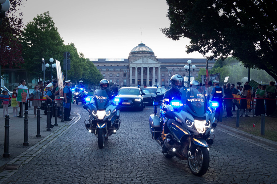 His Holiness the Dalai Lama's motorcades arriving early morning at his hotel in Wiesbaden, Hessen, Germany on July 12, 2015. Photo/Manuel Bauer