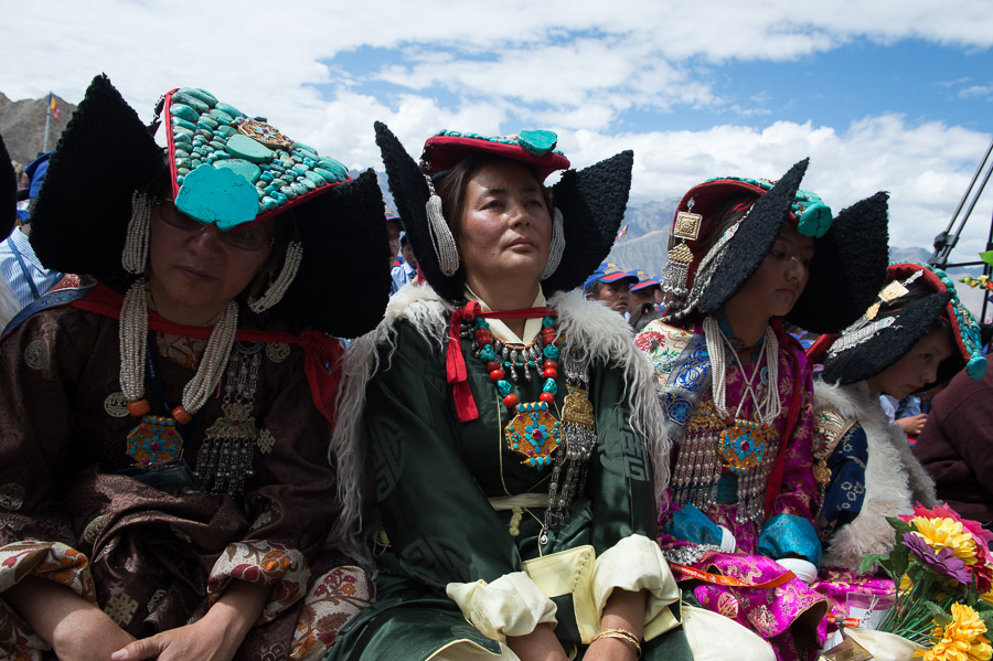 Ladakhis in traditional dress listening to His Holiness the Dalai Lama speaking at Jamyang School in Leh, Ladakh, J&K, India on July 28, 2015. Photo/Tenzin Choejor/OHHDL