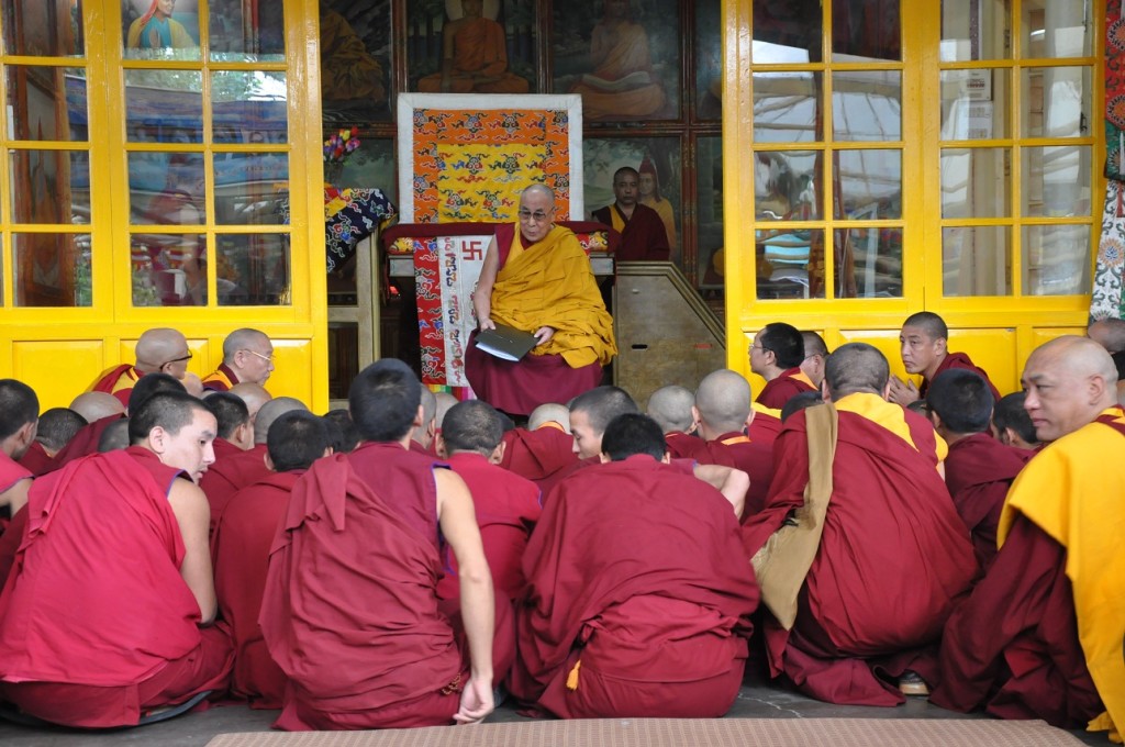 His Holiness the Dalai Lama interacting with a group of monks and nuns from Nepal, 20 July 2015. Diir Photo/Tenzin Phende