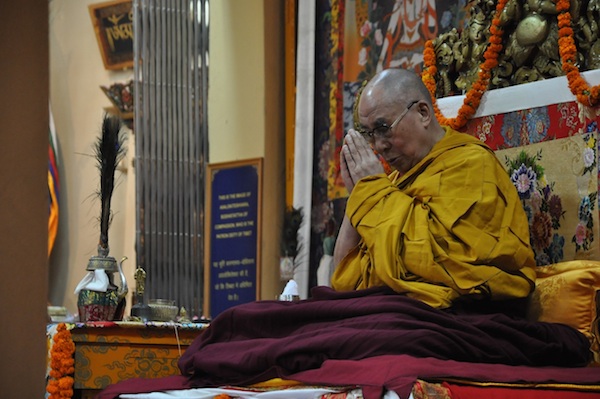 His Holiness the Dalai Lama during the lonf life prayer offering organised by eleven Tibetan organisations in Dharamshala, 20 July 2015.