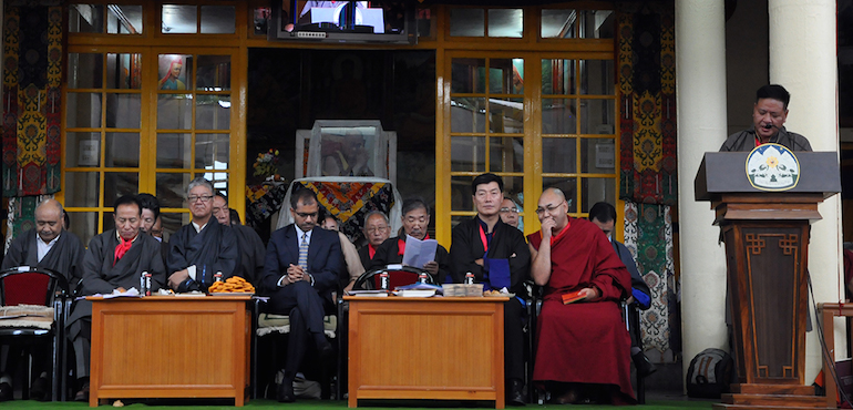 Speaker penpa Tsering of the Tibetan Parliament reading the statement of the Tibetan Parliament on the occasion of His Holiness the Dalai Lama's 80th birthday.